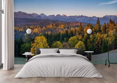 Beautiful autumn evening on a pasture under rocky mountains with a wild forest, a beautiful yellow tree in the middle of a meadow and a colorful dramatic sky. High tatras NP, Poland, Slovakia Wall mural