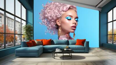 Beautiful beauty or fashion portrait of a woman with makeup with pink curly hair on a beautiful blue background
 Wall mural