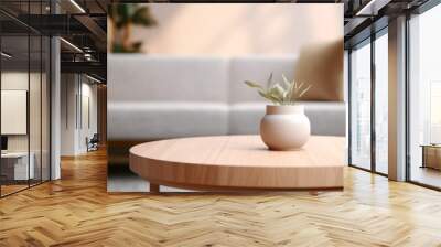 Beautiful coffee wooden table in the room with a small pattern in the middle.generative ai
 Wall mural