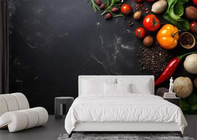 Beautiful empty space from a dark beautiful background with vegetable elements on the right and a place for logos or inscriptions. generative ai
 Wall mural