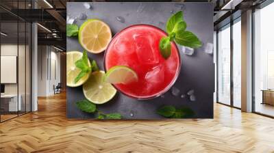 Beautiful fresh watermelon lemonade with mint leaf and lemon on a beautiful dark background with ice cubes with space for inscriptions. generative ai
 Wall mural