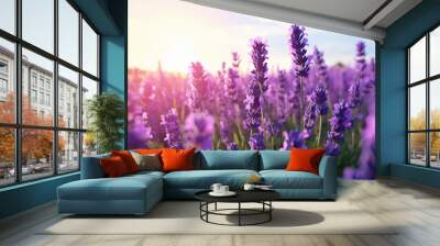 Beautiful lavender field at sunset.generative ai
 Wall mural