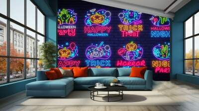 Big collectin neon signs for Halloween. Halloween Party Neon Banner Vector. Horro Night design template for greeting cards and posters, modern trend design, night light signboard. Vector Wall mural