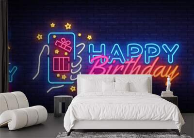 Big collectin neon signs for Happy Birthday. Neon Banner Vector. Happy Birthday neon sign, design template, modern trend design, night light signboard, night bright advertising. Vector illustration Wall mural