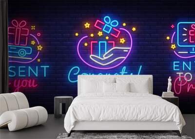 Big collectin neon signs Prizes. Gift Neon Banner Vector. Enter to win prizes design template, modern trend design, night light signboard, night bright advertising. Vector illustration Wall mural