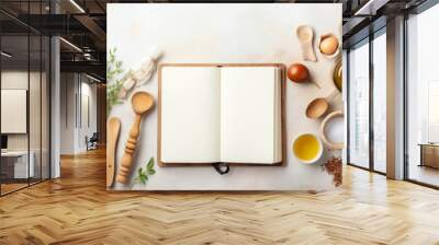 Blank cookbook for recipes with white pages and items of vegetables, ingredients and wooden kitchen utensils on the table, top view.generative ai Wall mural