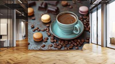 Blue cup of black coffee with beans scattered around, chocolate and macaroons on a beautiful dark background close up
 Wall mural