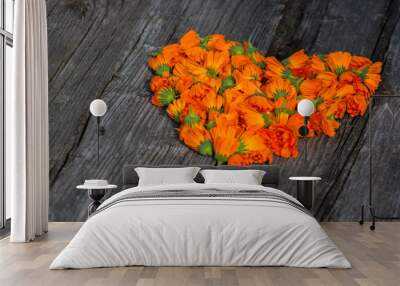 bouquet of calendula (Calendula officinalis L.) on vintage wooden board. Wall mural