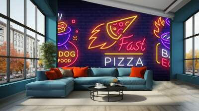 Bright neon symbols for food. Collection Design Elements, Neon Signs for Food, Chicken Meat, Hot Dog Fast Food, Fast Pizza, Barbecue, Hot Mexican Food.Vector Illustration Wall mural