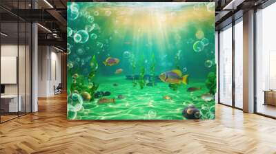 Bubbles and bokeh underwater in clear green ocean Wall mural