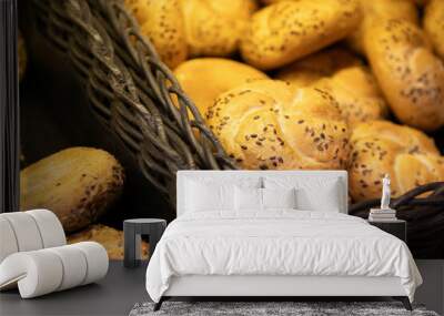 Buns in a basket, fresh baked background Wall mural