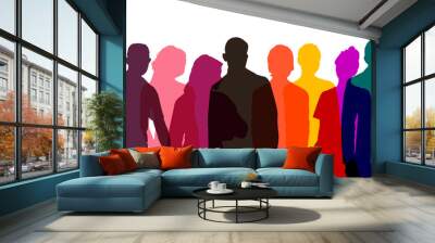 Multi-colored transparent silhouettes of men and women, multiply mode, a group of standing business people. Diverse people group silhouette. Flat vector illustration isolated on background. Wall mural