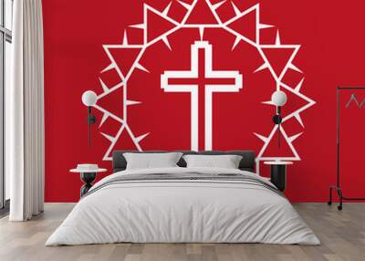 Stylized crown of thorns with cross emblem. Flat isolated Christian vector illustration, biblical background. Wall mural