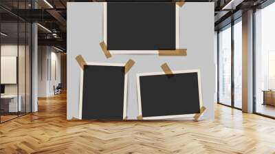 Three old photo frames with tape template. Retro 3D snapshots with white frame and sticky tape. 3D realistic vector illustration. Wall mural