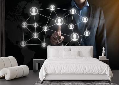 Businessman in suit click social network,business, technology, internet and networking concept. Internet icons interface foreground. global network media concept,contact on virtual screens ,copy space Wall mural