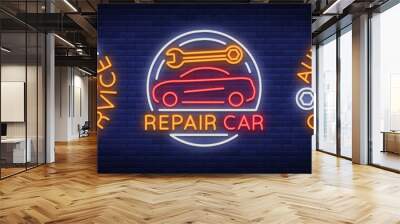 Car service repairs a set of vector logos, a neon sign emblem. Vector illustration, car repair, shiny signboard for garage for auto repair. Nightly bright signboard ad for your projects Wall mural