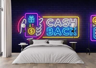 Cash Back neon signs collection vector design template. Cash Back symbols neon logo, light banner design element colorful modern design trend, night bright advertising, bright sign. Vector Wall mural