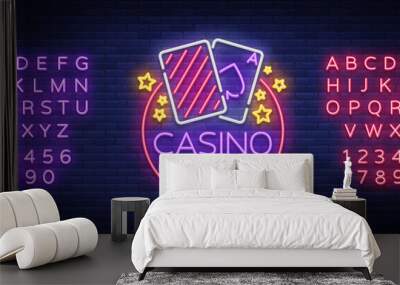 Casino Royal Neon Sign. Neon logo, emblem gambling, bright banner, neon casino advertising for your projects. Night light billboard, design element. Vector illustration. Editing text neon sign Wall mural