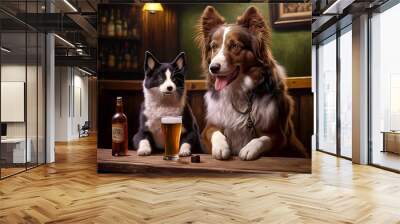 Cat and dog sitting in bar drinking beer Wall mural