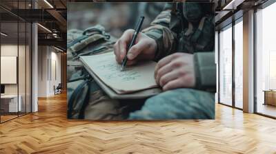 Close-up of a soldier's hands writing a letter home with bags at his feet, sent to a mission or war
 Wall mural