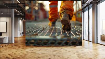 Close up of a worker walking on a metal platform during construction, rear view
 Wall mural