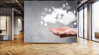 Cloud technology. cloud storage sign with two arrows up and down on dark . Cloud computing, big data center, future infrastructure, digital ai concept. Virtual hosting symbol Wall mural