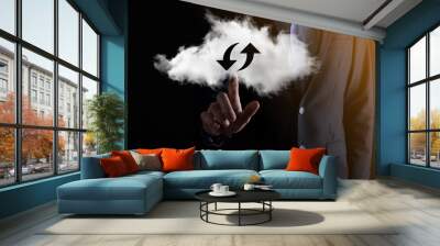 Cloud technology. Polygonal wireframe cloud storage sign with two arrows up and down on dark . Cloud computing, big data center, future infrastructure, digital ai concept. Virtual hosting symbol Wall mural