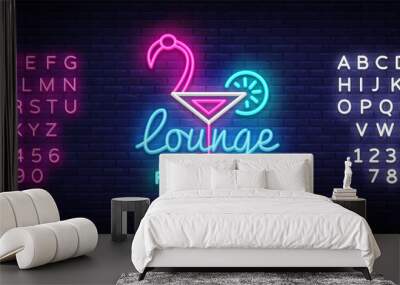 Cocktail lounge neon sign vector. Flamingo concept Design template neon sign, summer light banner, neon signboard, nightly bright advertising, light inscription. Vector. Editing text neon sign Wall mural