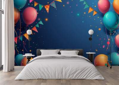 Colorful birthday celebration background with balloons, confetti, and flags Wall mural