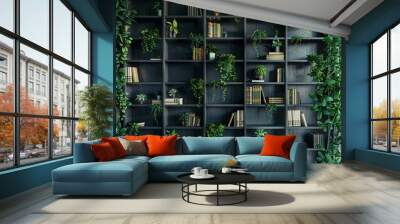 Contemporary style bookshelf decorated with green plants close up
 Wall mural