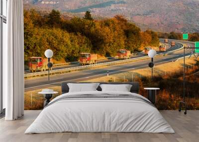 Convoy or caravan of red utility trucks on a highway. Highway transportation with red utility tracks convoy Wall mural