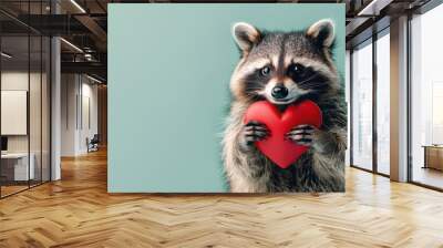 Cute raccoon holding a red heart with its paws isolated on a light blue empty background with space for text or inscriptions. Valentine's Day background with raccoon
 Wall mural