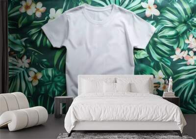 Designer-friendly white T-shirt template presented on vibrant green floral background. AI Created Wall mural