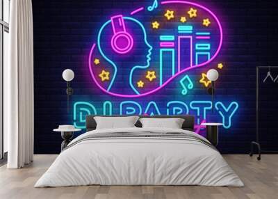 DJ Party Neon sign vector. Night Party Design template neon sign, Dj Sound Advertising light banner, neon signboard, nightly bright advertising, light inscription. Vector illustration Wall mural