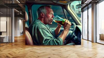 Drunkard and alcoholic driving. Dangerously. Wall mural