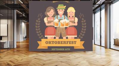 Oktoberfest flat illustration banner. Man in lederhosen and hat with two girls in dirndl dresses holding beer mugs. Cheers! Happy people drinking beer. Craft beer festival poster Wall mural