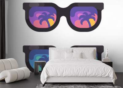 Purple and blue sunglasses with palm trees reflection. Hot summer flat icon Wall mural