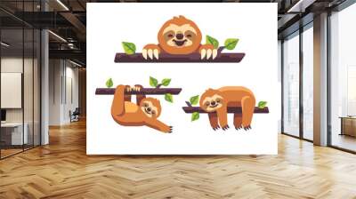 Set of three cute sloths on tree branches flat illustration. Wall mural