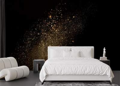 Dust and wood chips on a black background. Dirt particles fly in the air. Layout for design. Some dust particles are blurred to transmit the effect of motion. Wall mural