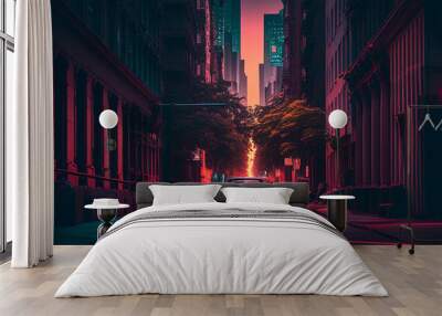 Empty night streets of New York. Magenta neon lighting. Wall mural