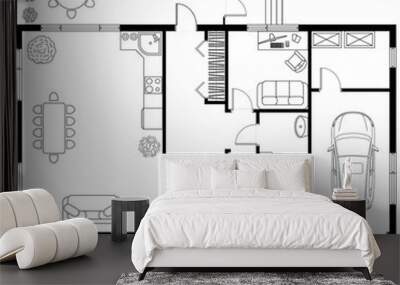 Architectural plan of a house with garage Wall mural