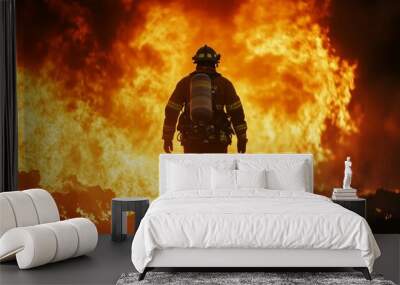 Firefighter walking towards a large fire with space for text or inscriptions
 Wall mural