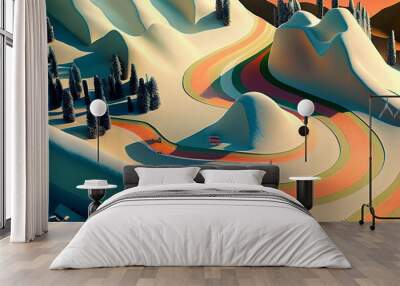 Generated image of ski slope in beautiful forest. Wall mural