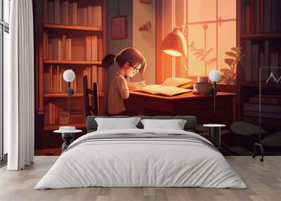 Girl reads book in evening. Sitting at desk. Wall mural