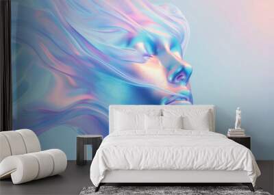 3d fluid holographic illustration in the shape of a woman's face with pastel blue and violet colors on blue background Wall mural