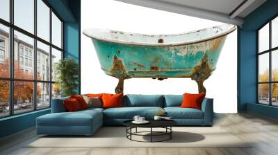 Antique bathtub with a green color and rusted metal on a cutout PNG transparent background Wall mural