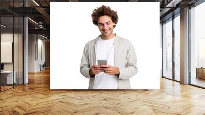 Front view of Young happy man looking at his phone isolated on a cutout PNG transparent background Wall mural