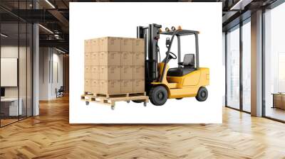 Left side view of Forklift carrying a pallet of cardboard boxes Isolated on a cutout PNG transparent background Wall mural