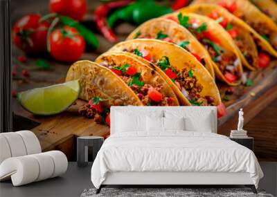 Wooden table of tacos with a lime wedge on the side. The tacos are topped with meat, tomatoes, and onions Wall mural