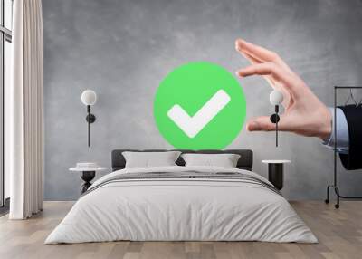 Hand holds green icon Check mark,Check Mark Sign, Tick Icon,right sign,circle green checkmark button,Done.On dark background.Banner.Copy space.Place for text. Wall mural